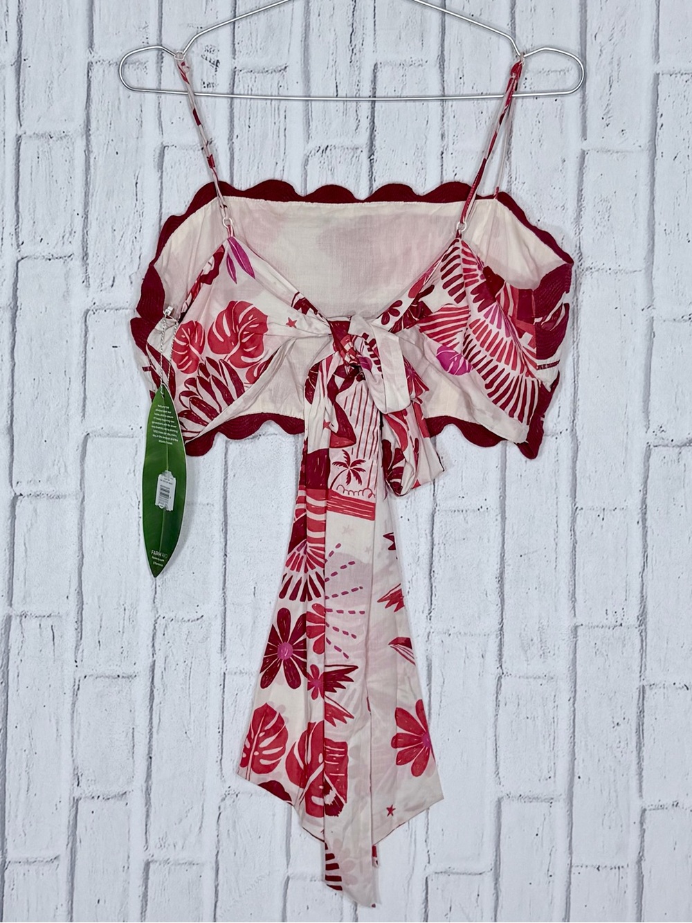 🌺 FARM Rio 100% COTTON Rio Tiles Off-White Crop Top NWT Medium Ric Rac Tie Back - Picture 5 of 10